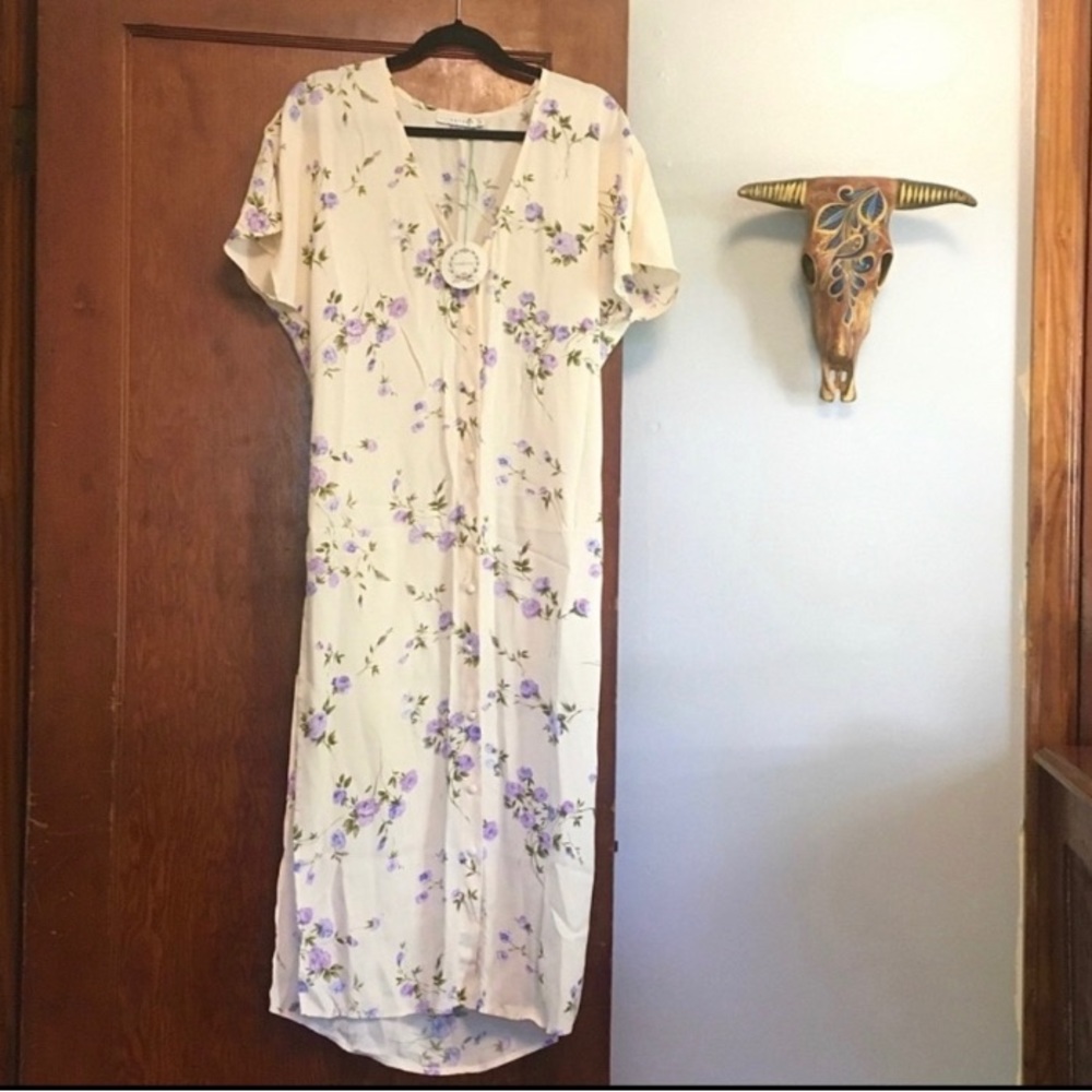 NWT Flynn Skye sheer floral button up maxi short sleeve shirt dress